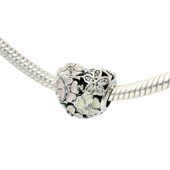 Genuine PANDORA 791825ENMX Poetic Blooms Openwork Pink Flower Heart Charm Silver & CZ Only