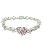 7.5" New Silver 925 Pink CZ Set Heart Belcher Bracelet (14.3g)