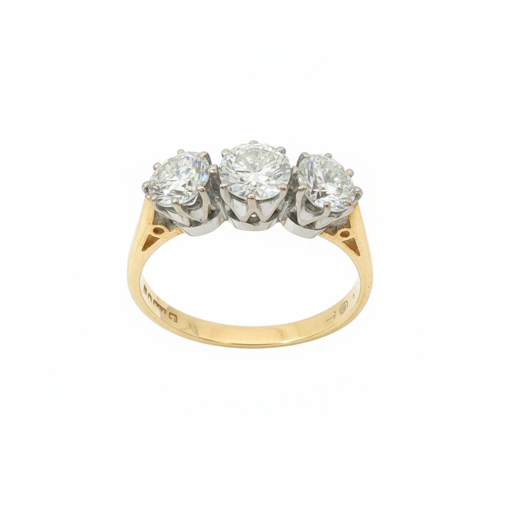 Round Brilliant 1.5CT SI2 H 18CT Yellow Gold 3 Stone Trilogy Ring Size J - Goldbank Jewellers