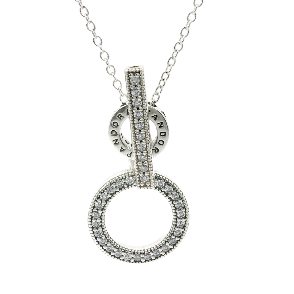 Genuine PANDORA 399039C01 Double Hoop T-bar Silver Necklace Clear