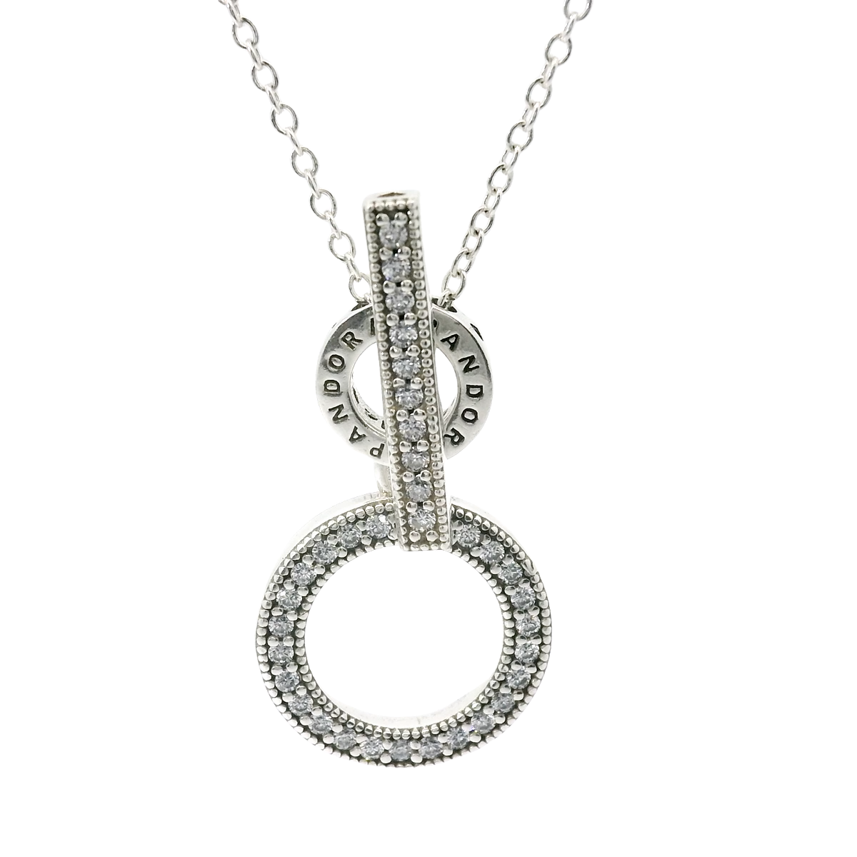 Genuine PANDORA 399039C01 Double Hoop T-bar Silver Necklace Clear CZ 45cm