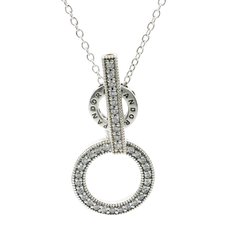 Genuine PANDORA 399039C01 Double Hoop T-bar Silver Necklace Clear CZ 45cm