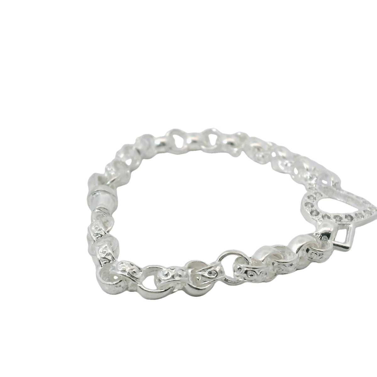 7.5" New Silver 925 CZ Open Heart Belcher Bracelet (13.4g)