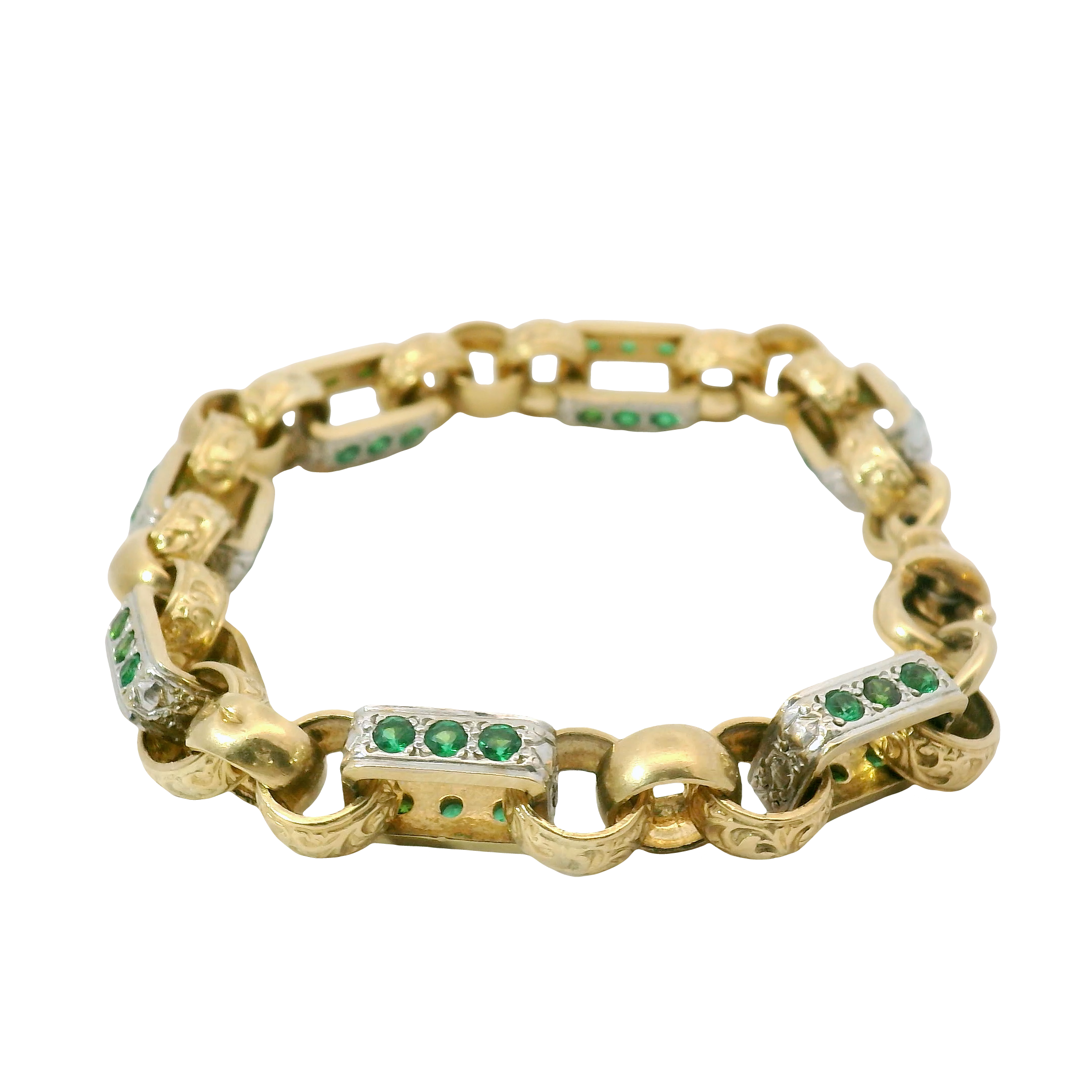 8.5” Pre-owned 9CT Green Stone Set Gypsy Link Bracelet (36.53g)