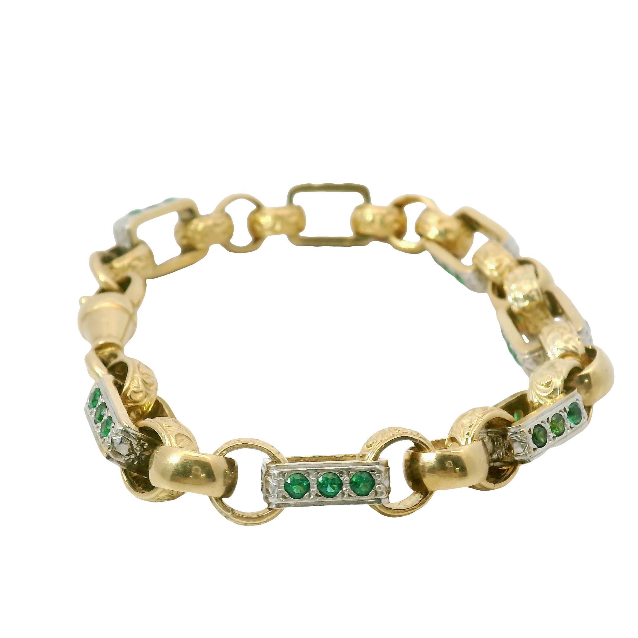 8.5” Pre-owned 9CT Green Stone Set Gypsy Link Bracelet (36.53g)