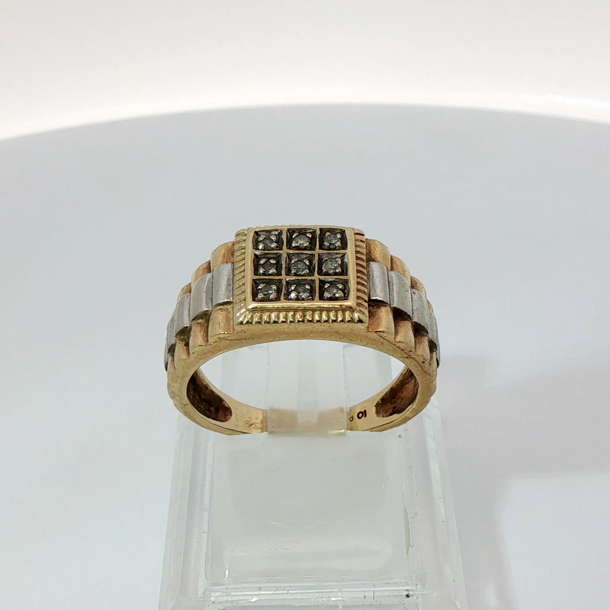 9CT Pre-owned Stone Set Rolex Style Ring (Size O 1/2)