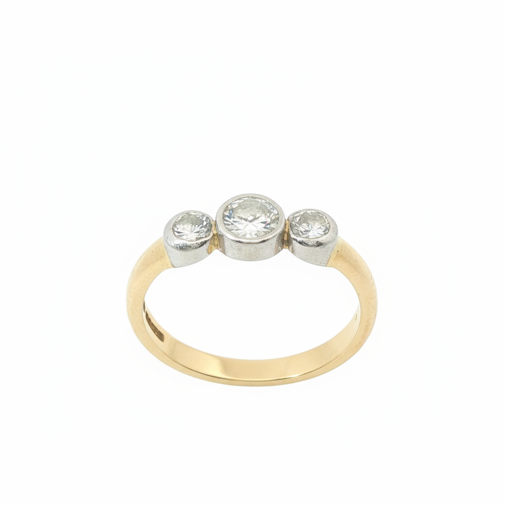 Round Brilliant 0.6CT SI1 - SI2 H 18CT Yellow Gold 3 Stone Bezel Ring Size L