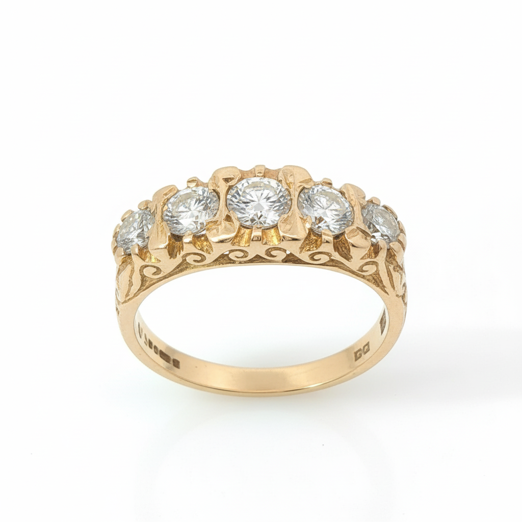 Old Mine 0.95TCW 0.25CT Centre SI1 H-I 18CT Yellow Gold 5 Stone Ring Size N