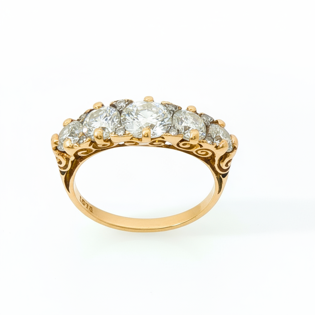 European Cut 0.75CT 2.05TCW SI1 - SI2 H-I 18CCT Yellow Gold 5 Stone Ring Size M