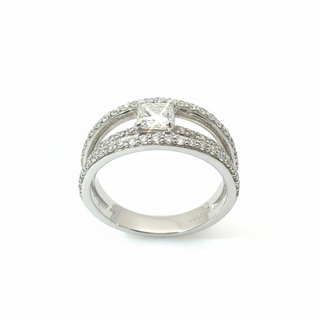 1.15ct Diamond Solitaire Ring with Triple Diamond Bands – 18ct White Gold (VS1–VS2, G) - Goldbank Jewellers