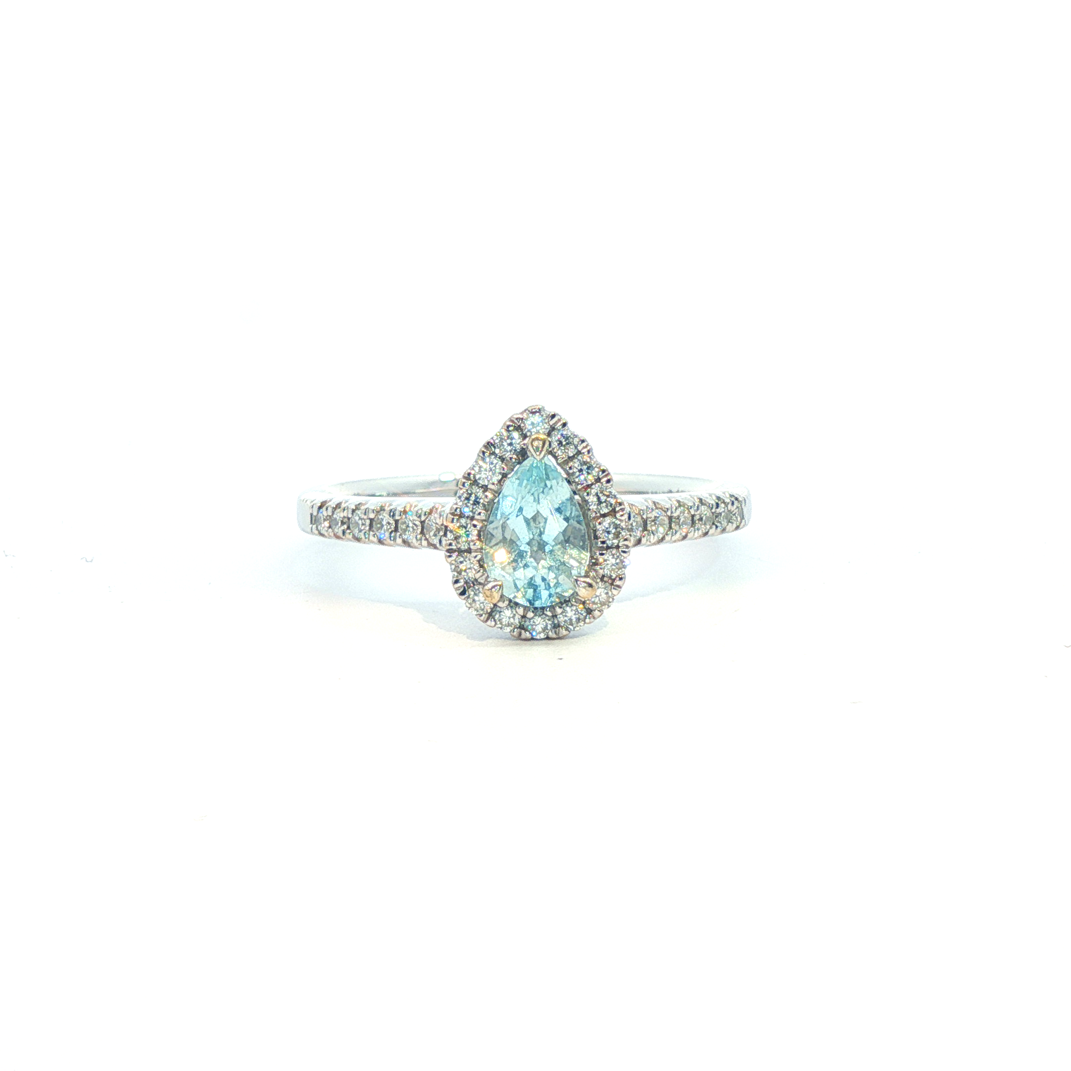 18k- Aquamarine Pear Cut - Diamond Halo & Shoulders - Goldbank Jewellers