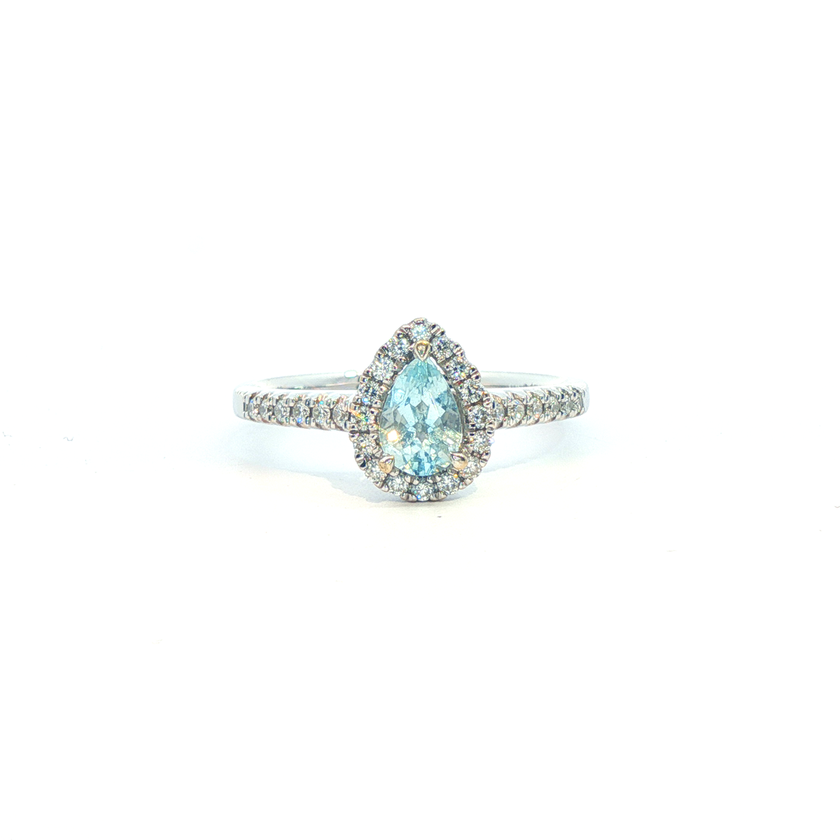 18k- Aquamarine Pear Cut - Diamond Halo & Shoulders - Goldbank Jewellers