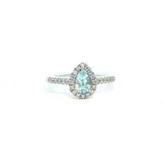 18k- Aquamarine Pear Cut - Diamond Halo & Shoulders - Goldbank Jewellers