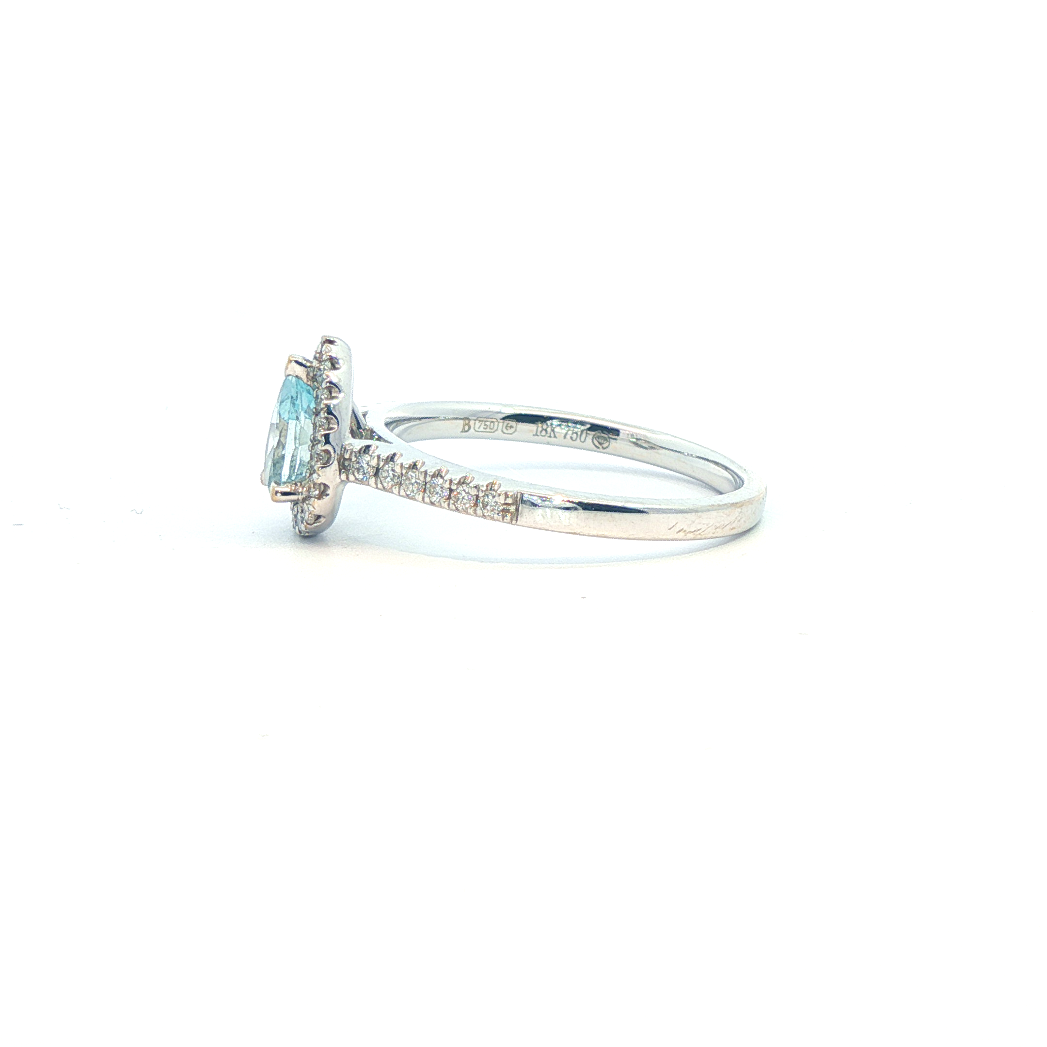 18k- Aquamarine Pear Cut - Diamond Halo & Shoulders - Goldbank Jewellers