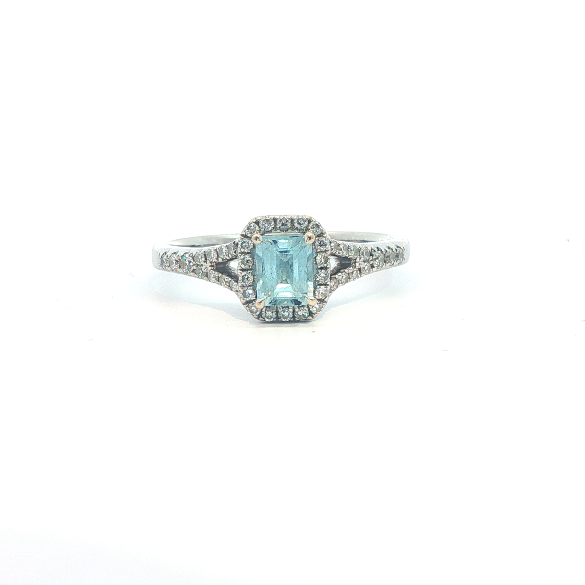 Emerald-Cut Aquamarine & Diamond Halo Ring – 18ct White Gold - Goldbank Jewellers
