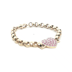 7.5" - Pre Owned - 9ct - Pink Stone Set Heart Belcher Bracelet - ( 15.51g )