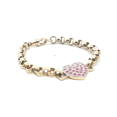 7.5" - Pre Owned - 9ct - Pink Stone Set Heart Belcher Bracelet - ( 15.51g )