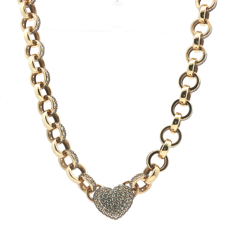 18" - Pre Owned - 9ct - Stone Set Heart And Belcher Chain - ( 44.83g ) - Goldbank Jewellers