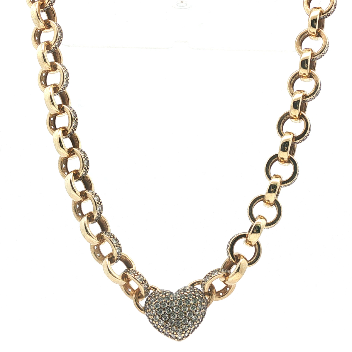 18" - Pre Owned - 9ct - Stone Set Heart And Belcher Chain - ( 44.83g ) - Goldbank Jewellers