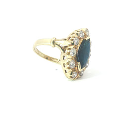 Saphire & Round Brilliant 10 x 0.15CT with 2.5CT Sapphire SI1 - SI2 H 18CT Yellow Gold Marquise Halo Ring Size P