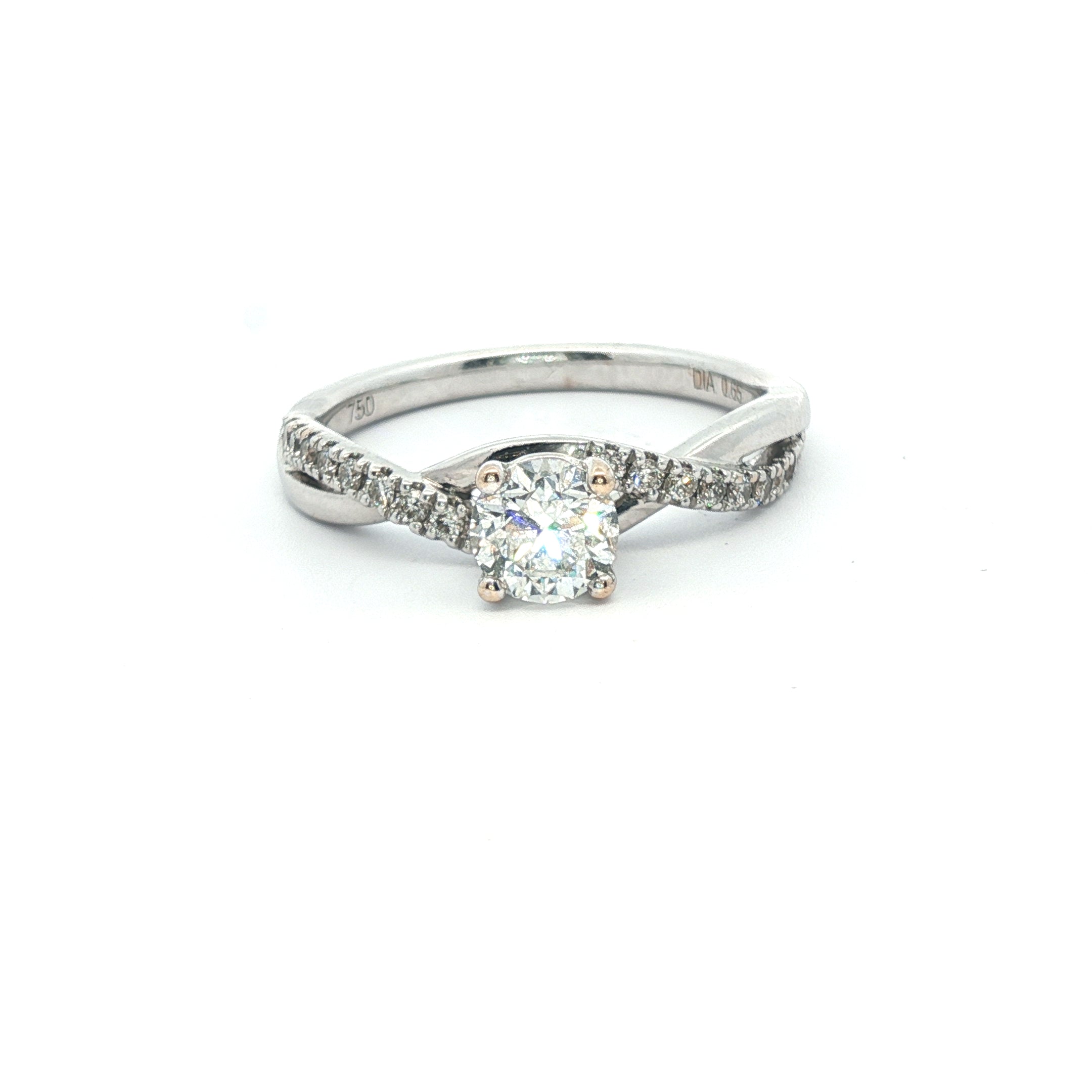 Round Brilliant 0.65CT SI1 - SI2 H 18CT White Gold Solitaire Twisted Band Ring Size M - Goldbank Jewellers