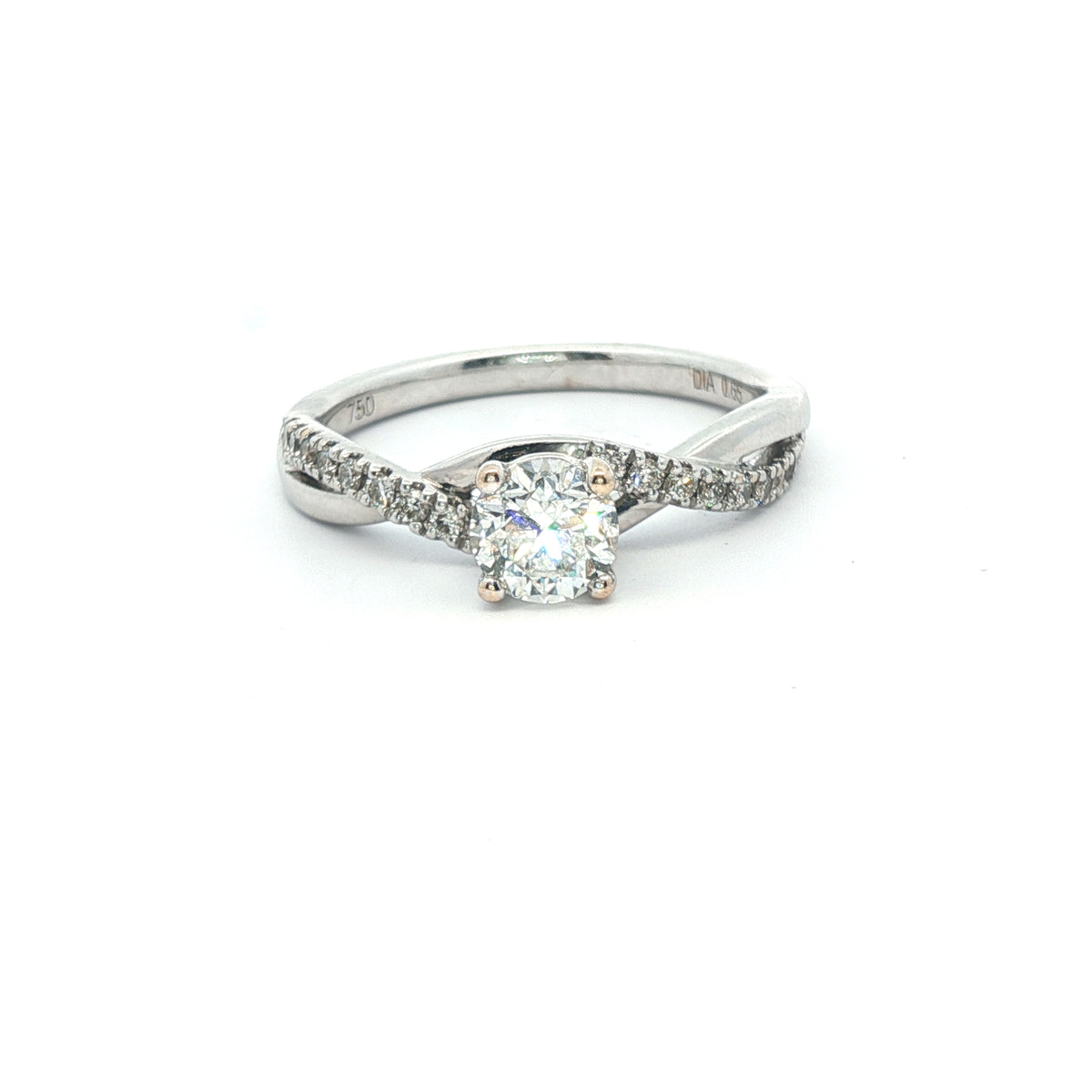 Round Brilliant 0.65CT SI1 - SI2 H 18CT White Gold Solitaire Twisted Band Ring Size M - Goldbank Jewellers