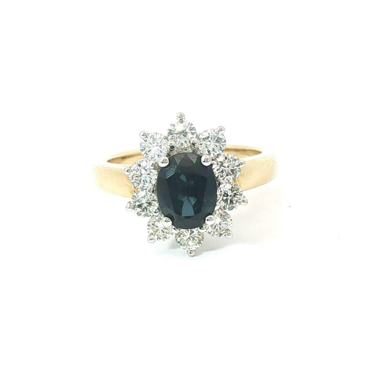 18ct Yellow Gold Blue Sapphire & Diamond Halo Ring – 2.25ct Total