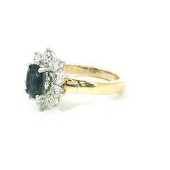 18ct Yellow Gold Blue Sapphire & Diamond Halo Ring – 2.25ct Total