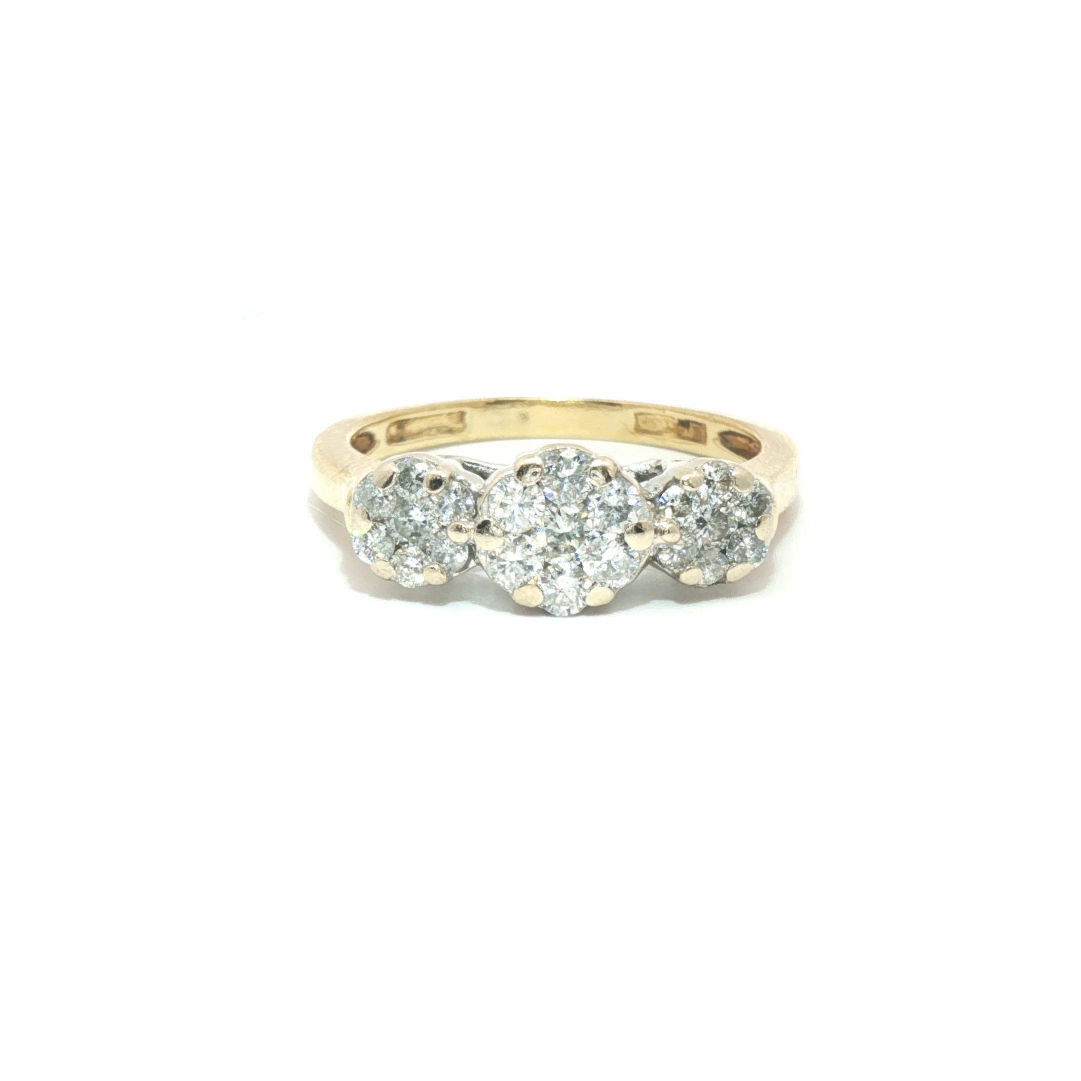 0.50ct Diamond Triple Cluster Trilogy Ring in 18ct Yellow Gold - Goldbank Jewellers