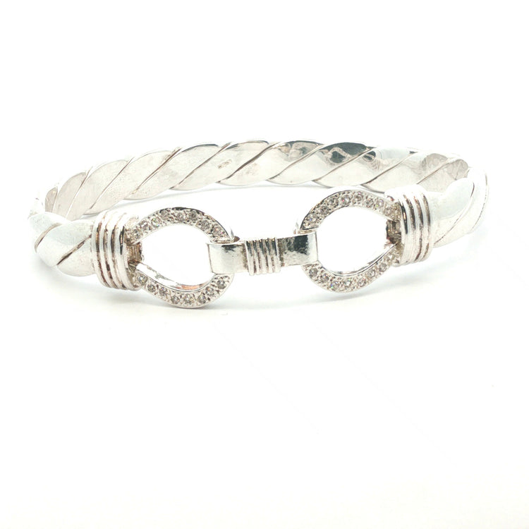 Silver 925 - New - Double hook bangle stone set  -7.5" - (59.75g) - 10mm