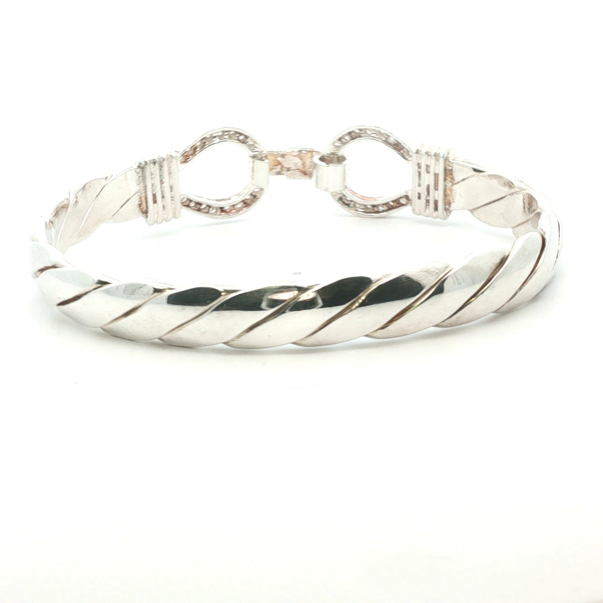 Silver 925 - New - Double hook bangle stone set  -7.5" - (59.75g) - 10mm