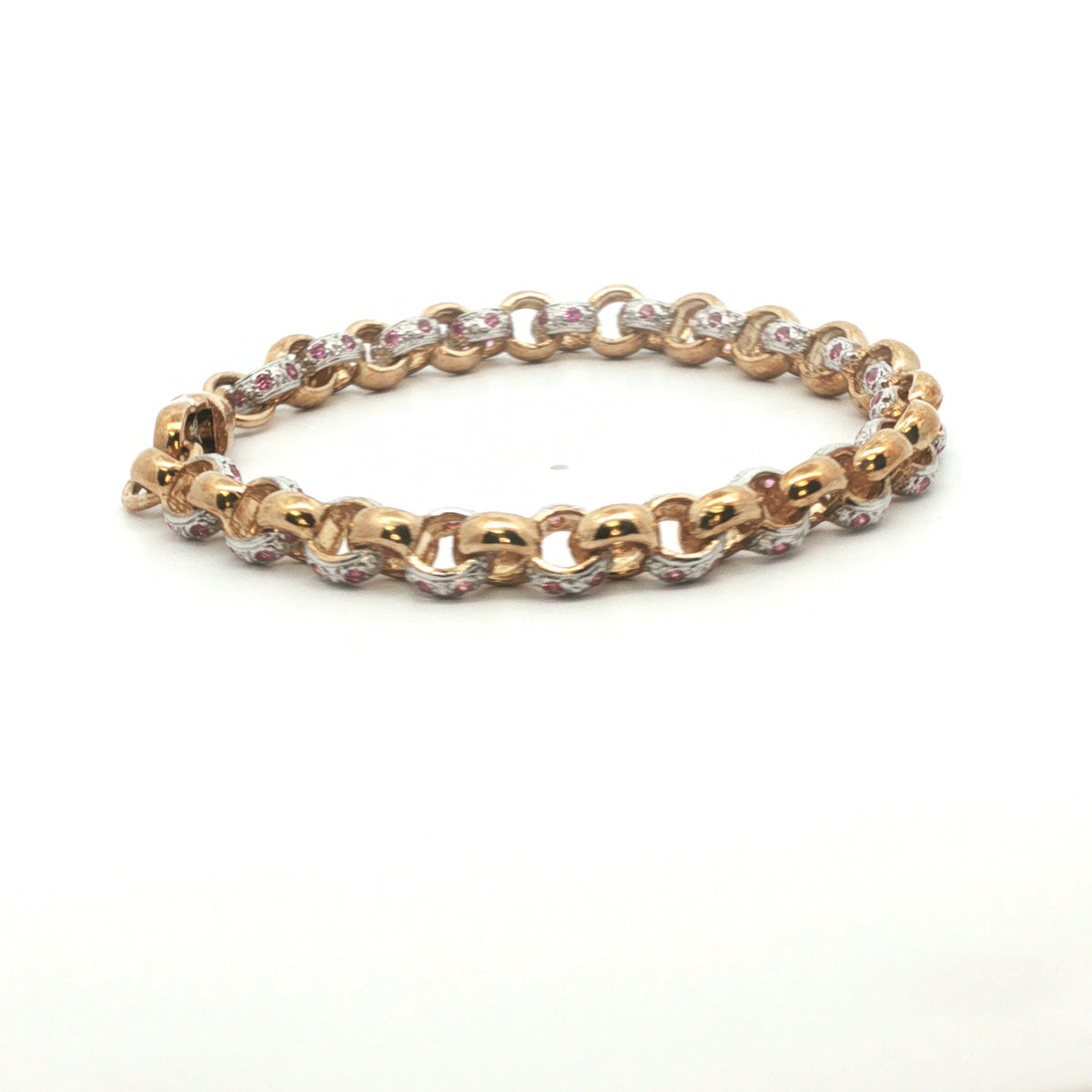 9ct - Pre owned - Belcher pink stone set bracelet - 7" - (18.17g) - 7mm