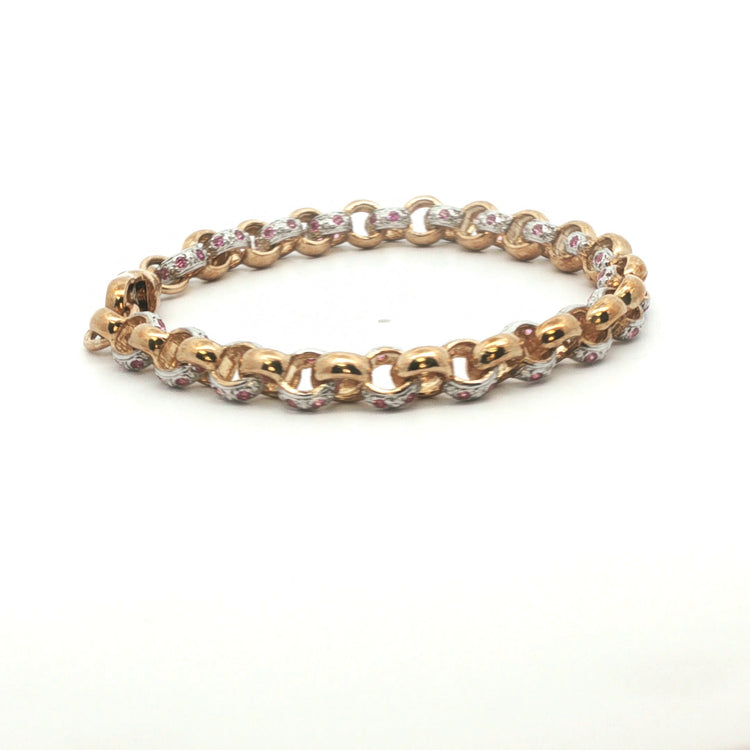 9ct - Pre owned - Belcher pink stone set bracelet - 7" - (18.17g) - 7mm