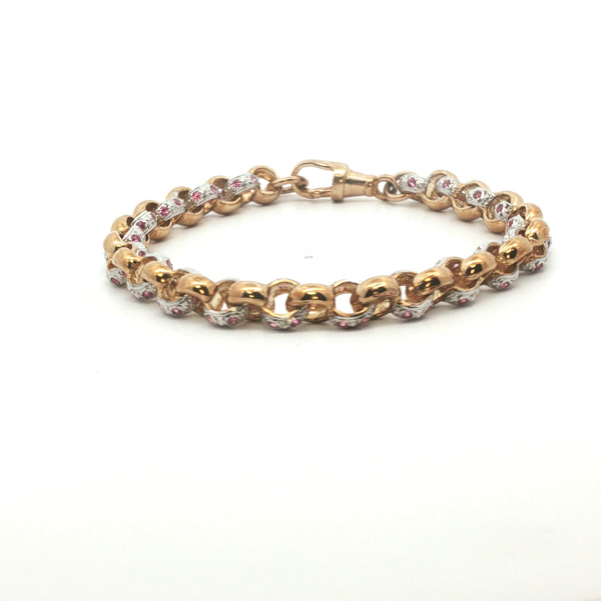 9ct - Pre owned - Belcher pink stone set bracelet - 7" - (18.17g) - 7mm