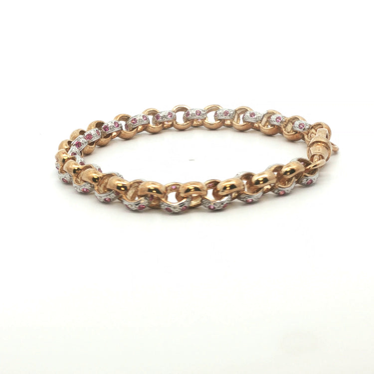 9ct - Pre owned - Belcher pink stone set bracelet - 7" - (18.17g) - 7mm