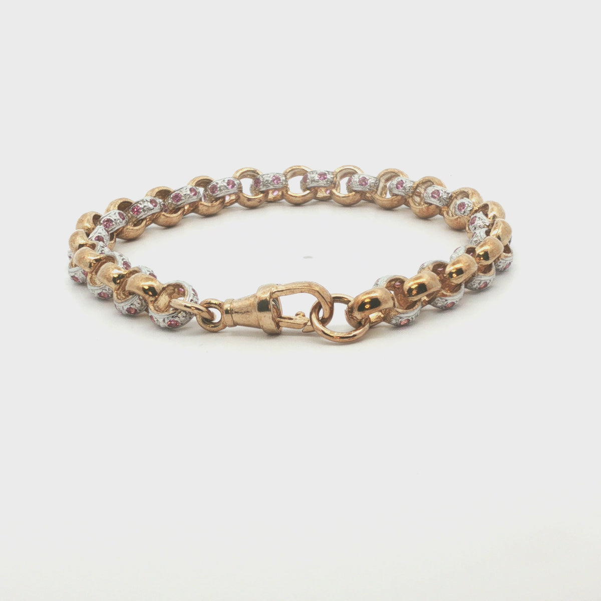 9ct - Pre owned - Belcher pink stone set bracelet - 7" - (18.17g) - 7mm