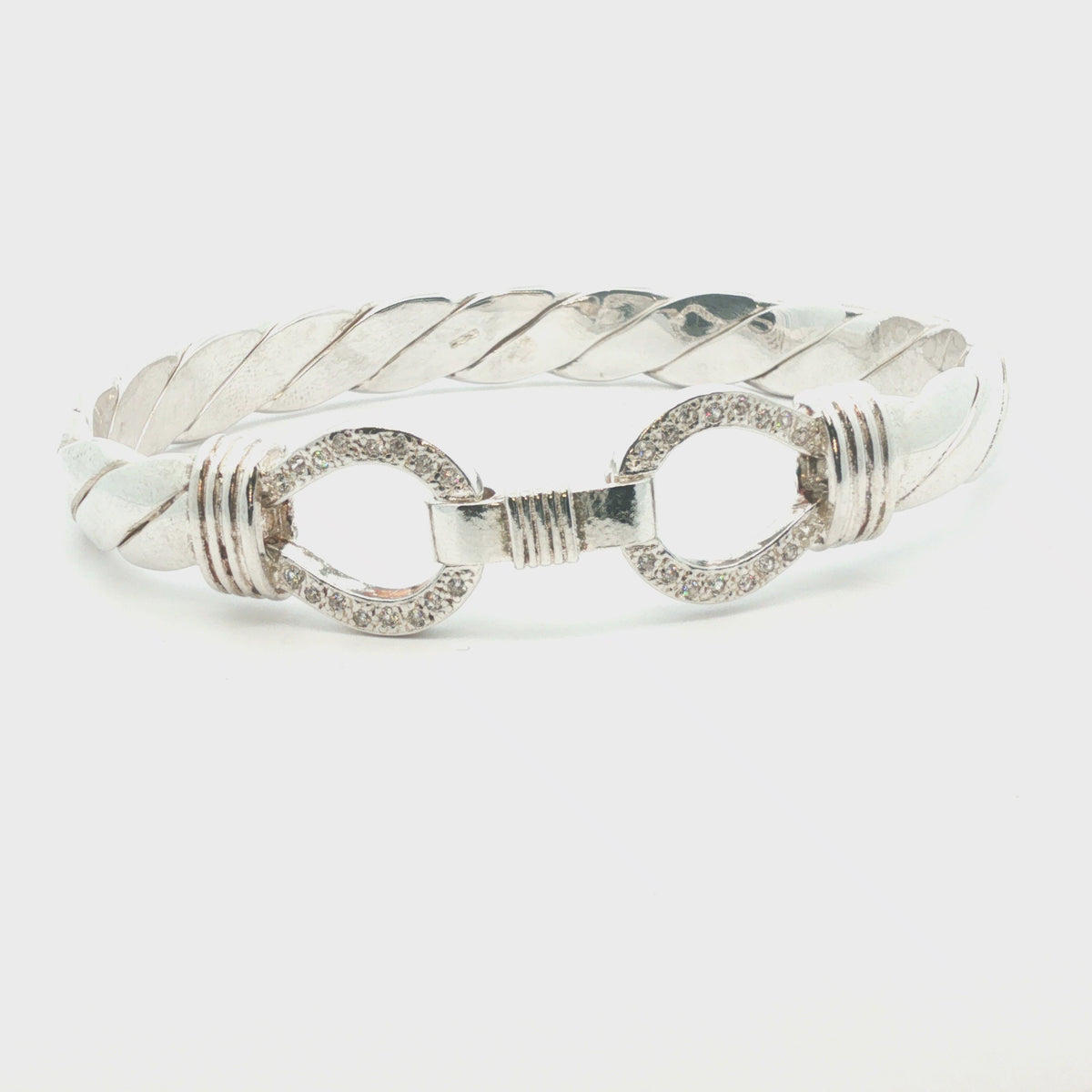 Silver 925 - New - Double hook bangle stone set  -7.5" - (59.75g) - 10mm